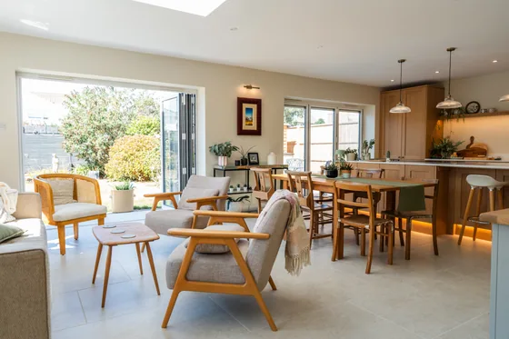 Open plan kitchen, dining and living space